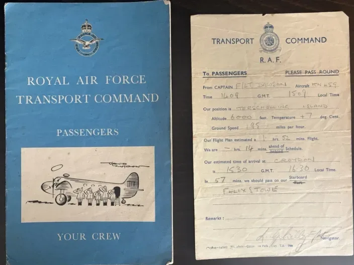 RAF Transport Command passenger booklet next to a handwritten Dakota flight note