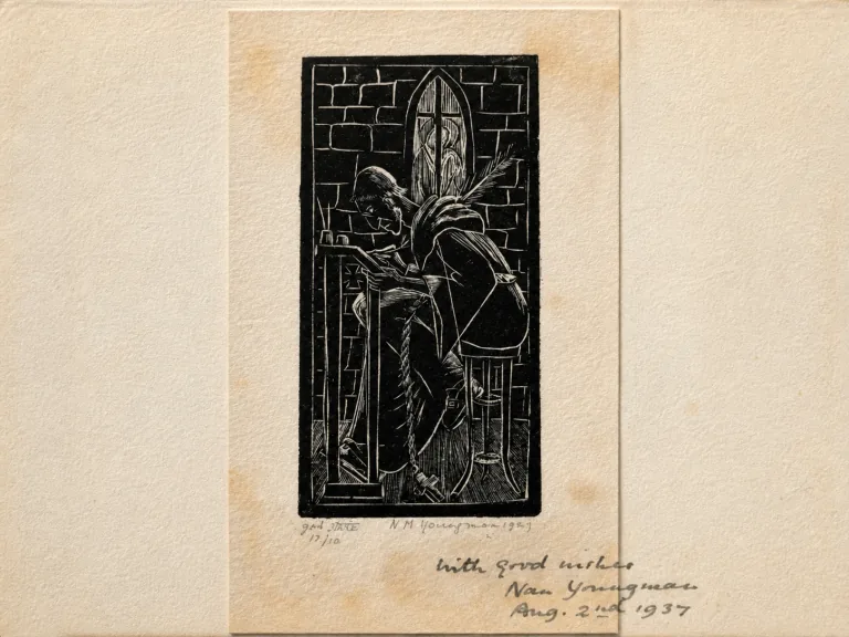 Album page holding a small black relief print of a seated figure beside a tall pointed window, with a handwritten 1937 dedication below