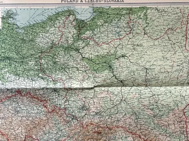 Bartholomew Times Atlas plate of Poland and Czecho-Slovakia showing coloured relief, borders and the atlas masthead