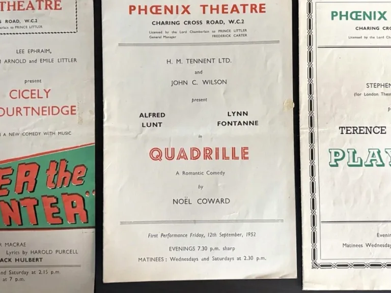 Three original Phoenix Theatre programmes from London, arranged side by side