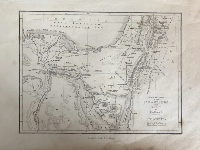 Complete engraved map showing the journey from Egypt through Sinai to Canaan, with the Mediterranean and Red Sea visible