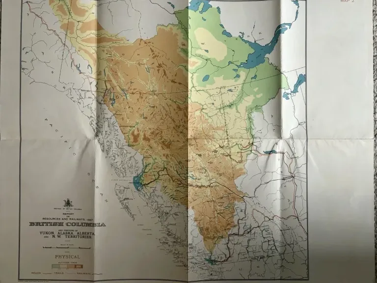 Complete 1947 physical map of British Columbia with coloured altitude tints, waterways and railway routes