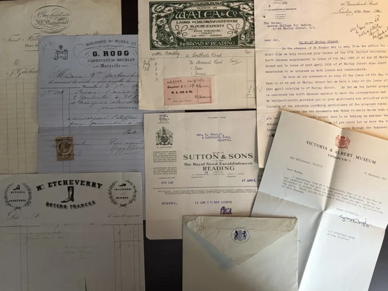 Seven documents arranged together: French commercial forms, two Reading invoices, a London legal letter and a Victoria and Albert Museum acknowledgement with envelope