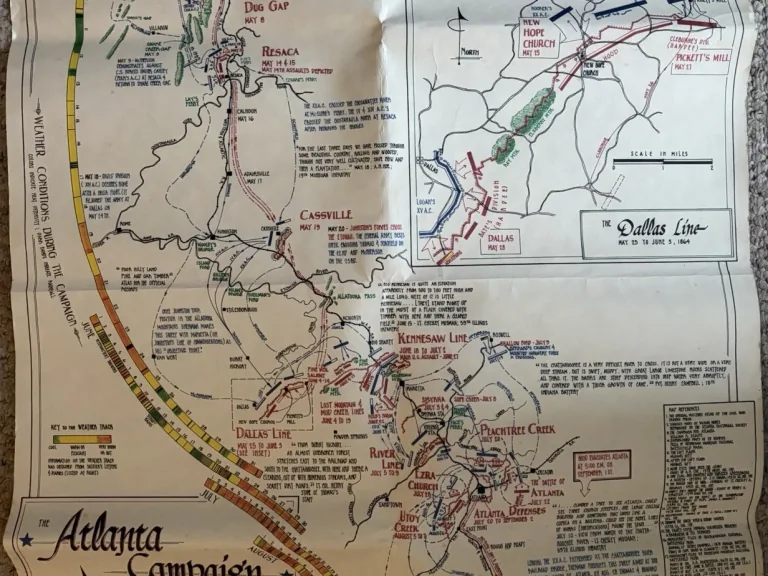 Atlanta Campaign map showing campaign route, army key, Dallas Line inset, weather tracks and source list