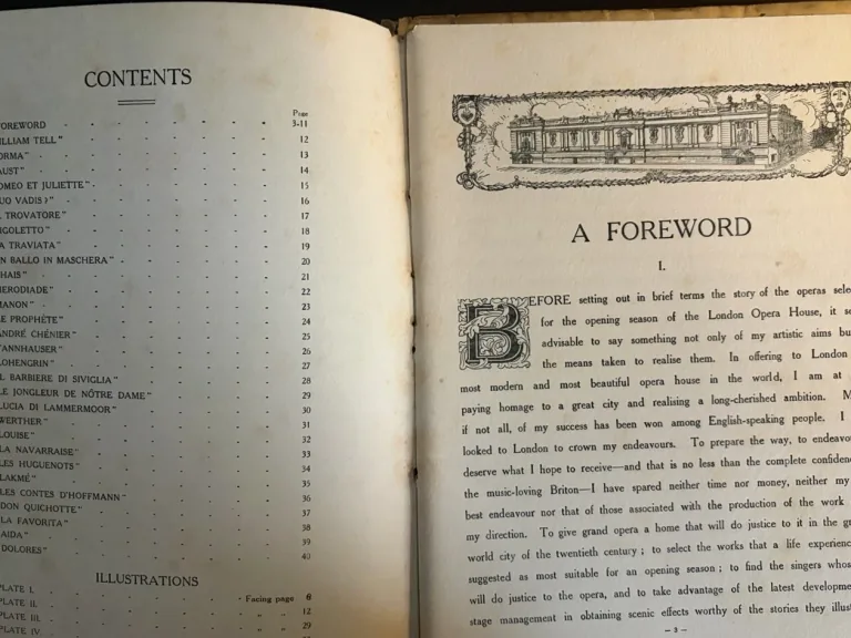 Contents and foreword from the circa 1911 Grand Opera Stories booklet made for Oscar Hammerstein’s London Opera House