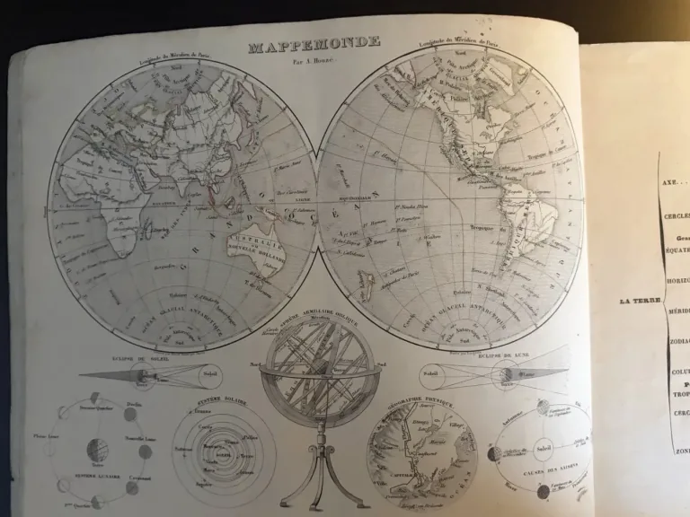 Petit Atlas double-hemisphere mappemonde with armillary sphere and astronomy diagrams