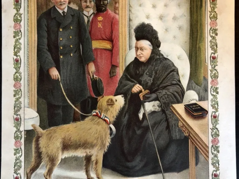 Royal Thoughtfulness print showing Queen Victoria meeting Tim, a railway dog, at Paddington