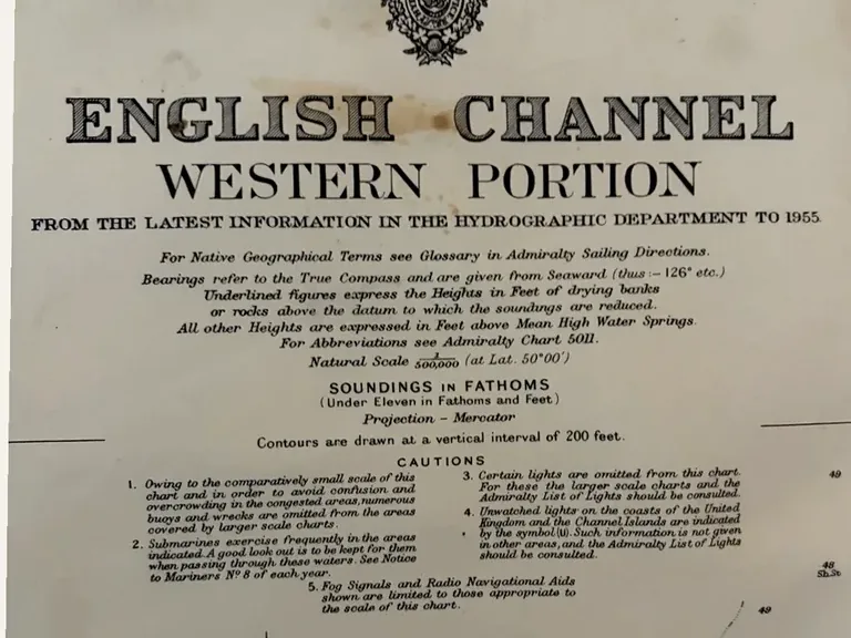 Admiralty Chart 2649 title block showing English Channel Western Portion, Hydrographic Office crest, soundings and cautions