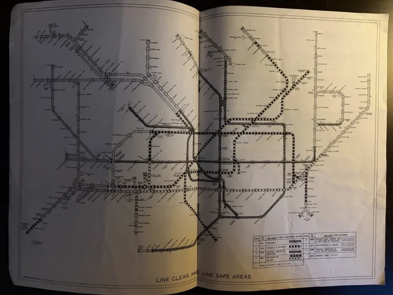 Fold-out London Transport diagram headed Line Clear and Line Safe Areas, showing the railway network with distinct patterns for tunnel and open sections