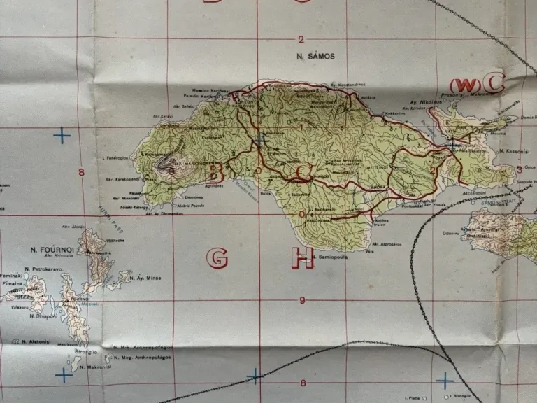 Detail of the 1943 Kuşadası military map showing the Not to be published warning, Samos and its coloured grid