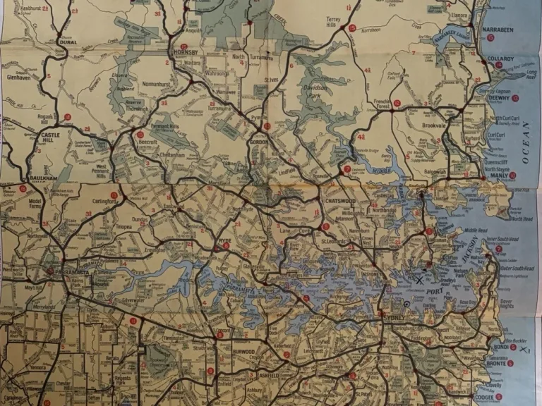 Gregory's vintage map of Sydney and suburbs with roads, waterways, folds and handwritten notes