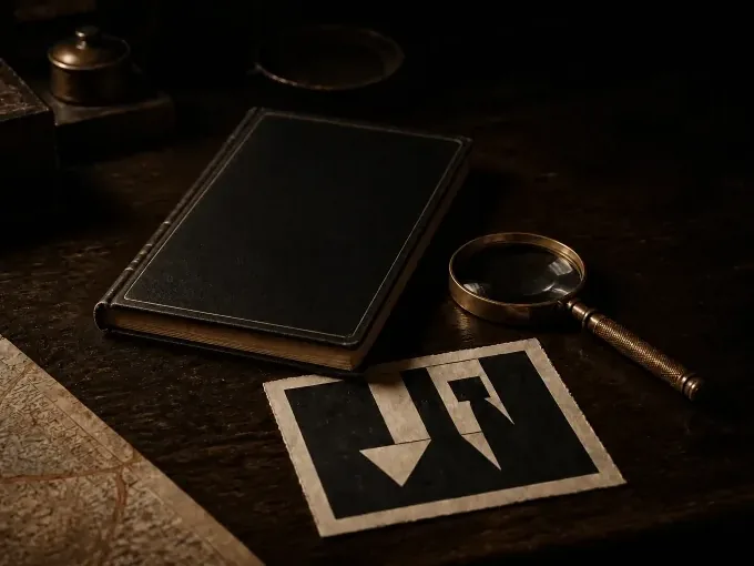 An original editorial still life for Peter und Lutz: a black leather-bound book with fine gold tooling, a magnifying glass and an abstract print on a dark wooden table
