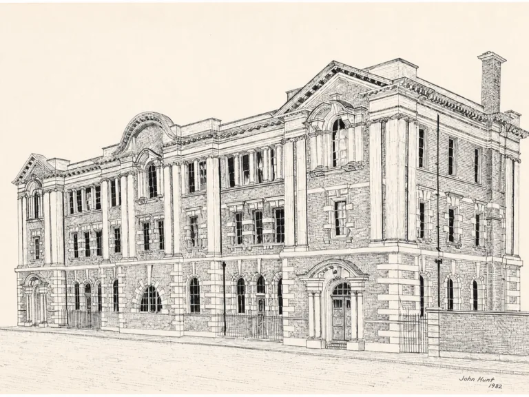 Front-on editorial rendering of John Hunt’s 1982 pen-and-ink drawing of Southampton Docks Post Office, with a long three-storey façade, arched openings, central curved pediment and inscription at lower right