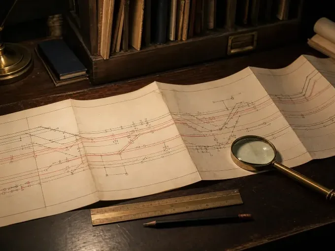 An original editorial still life of a folded railway signalling diagram on a dark desk, with a brass magnifying glass, ruler and pencil