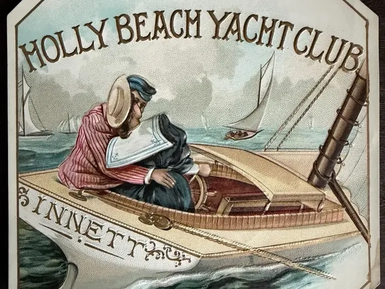 Holly Beach Yacht Club cigar-box label showing a sailboat at sea