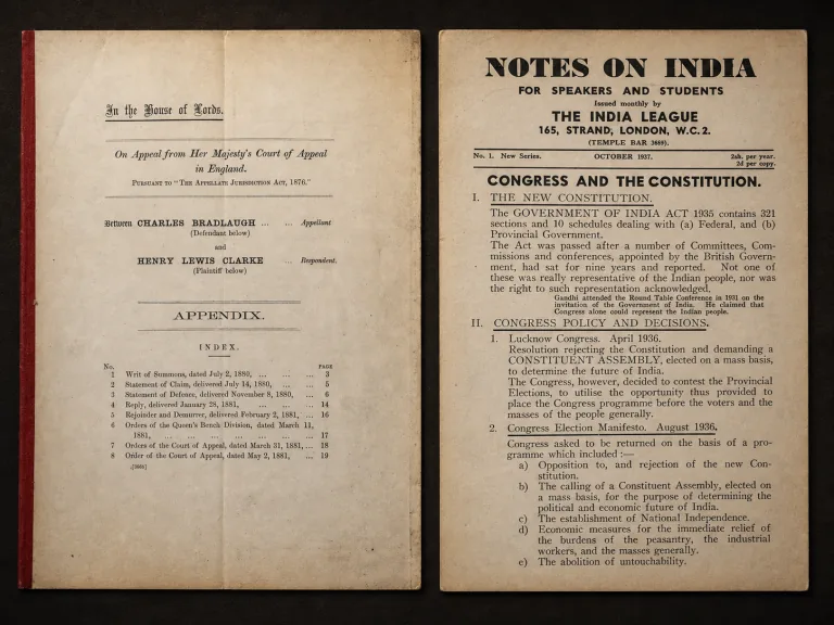 Two historical constitutional pamphlets shown side by side: a Bradlaugh House of Lords appeal appendix and a 1937 India League issue of Notes on India