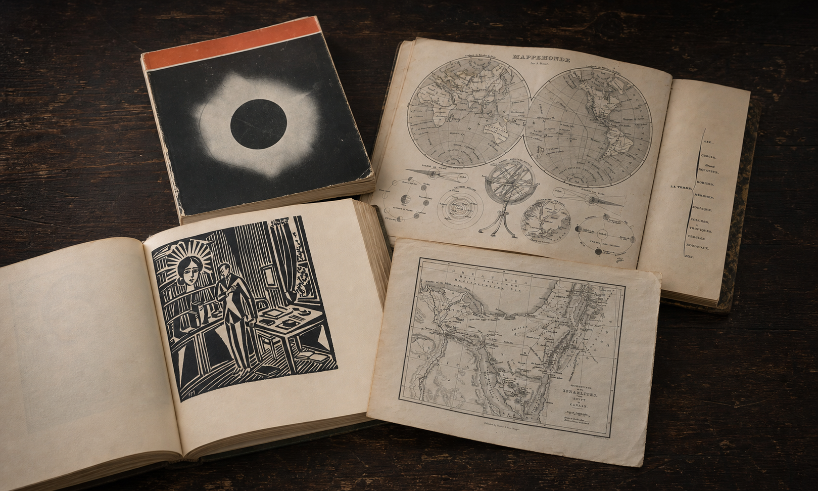 Four current RUSTY PECHA finds scattered across a dark wooden table: an eclipse-cover book, an open French atlas, a private-press woodcut and an engraved map