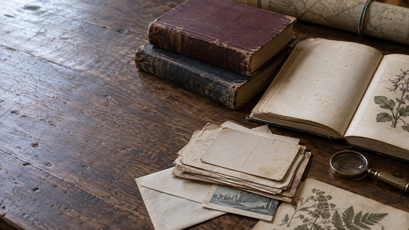 Archive table with books, maps and paper ephemera from the collection