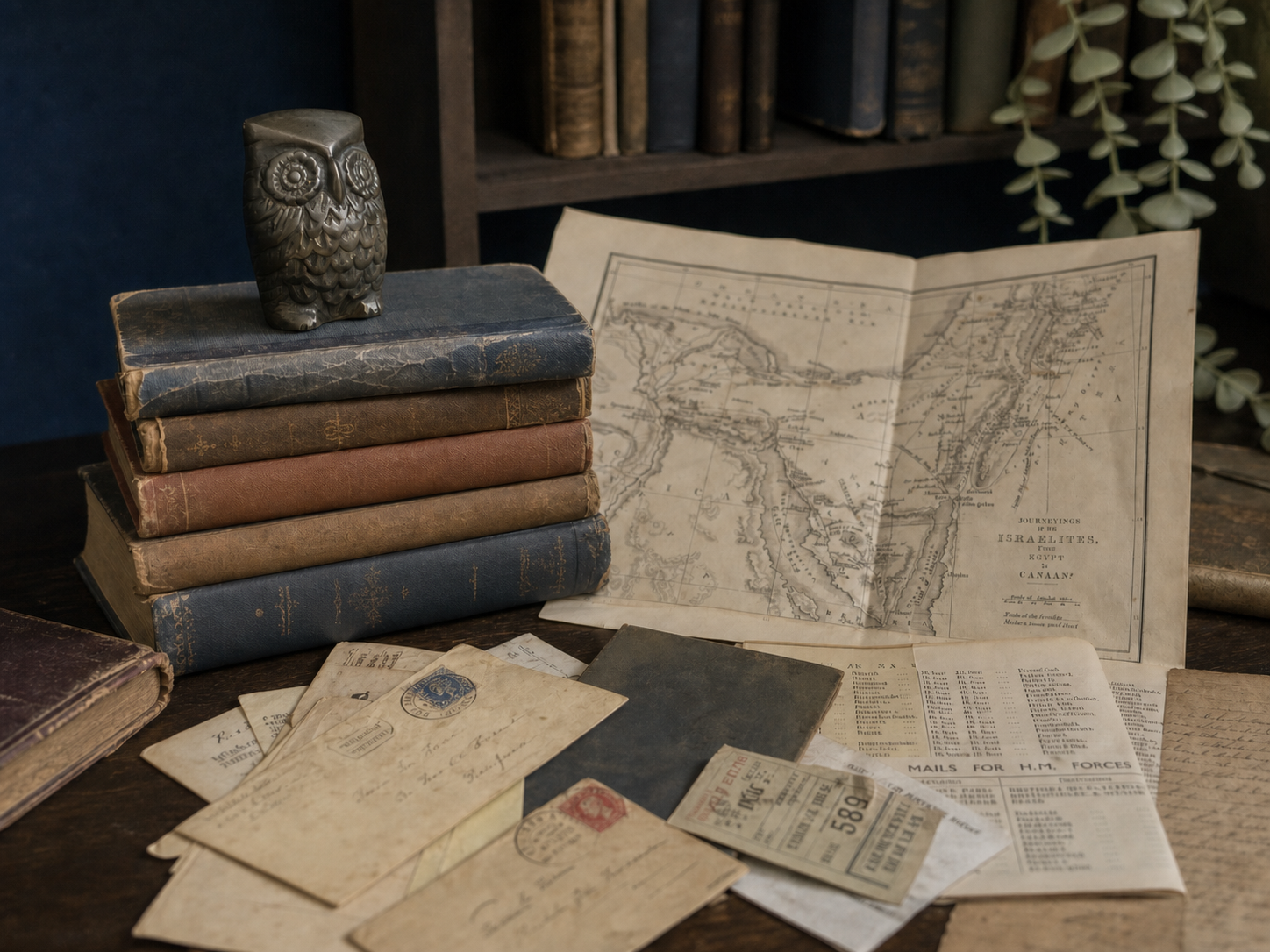 A bronze owl beside worn books, an open engraved map and a spread of old letters and printed ephemera