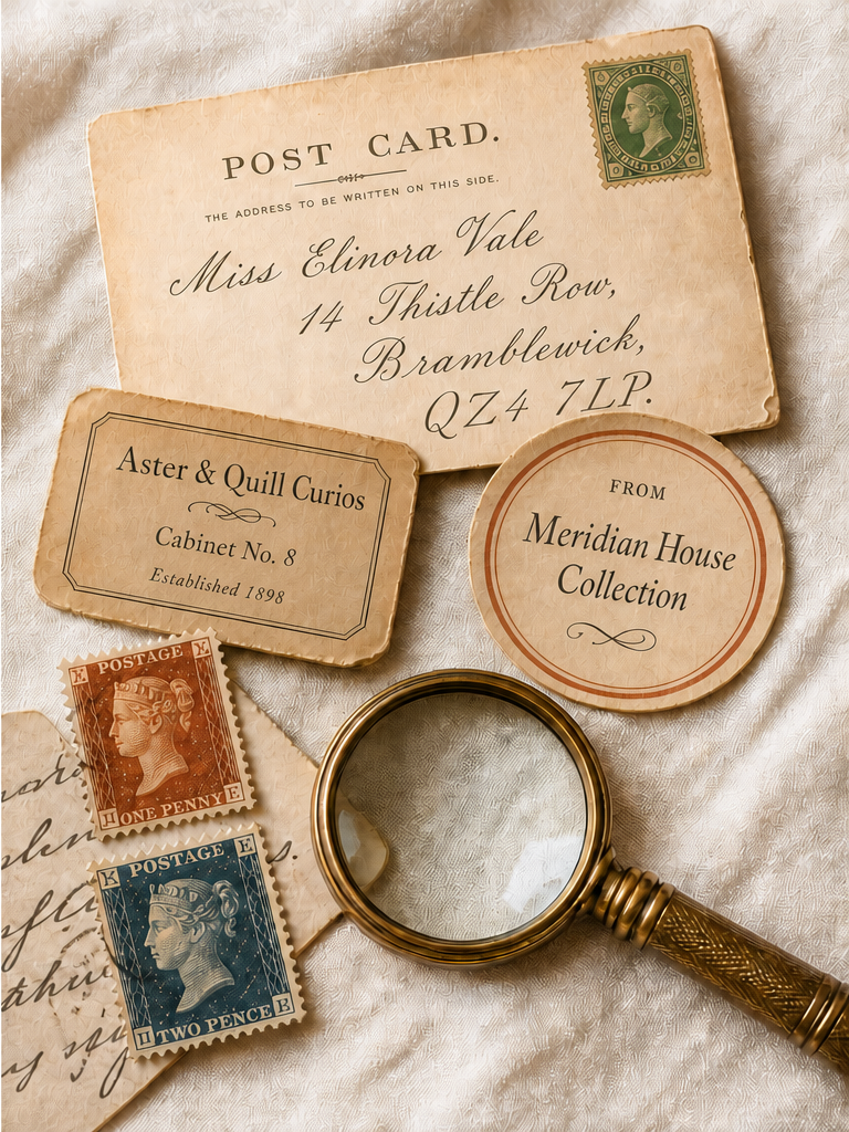 Vintage postcard, paper labels and brass magnifying glass