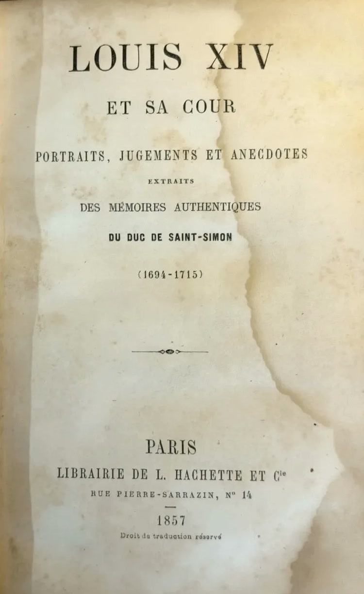 The 1857 title page for Louis XIV et sa cour, naming Saint-Simon, Paris and Librairie de L. Hachette et Cie.