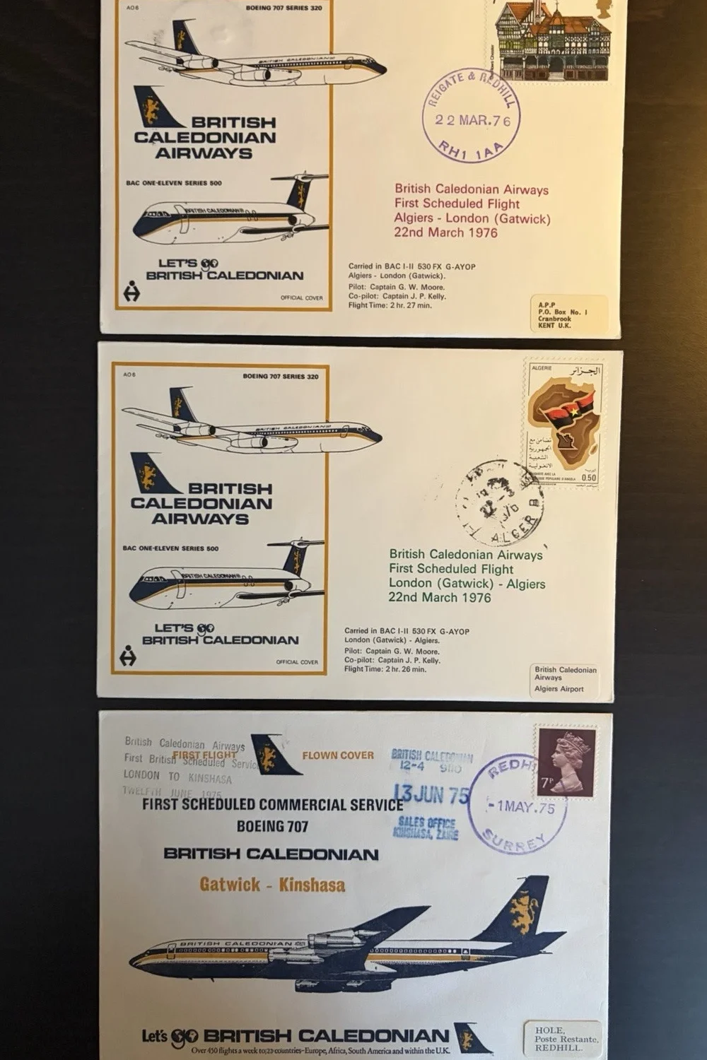Three British Caledonian first-flight covers for Algiers, London Gatwick and Kinshasa services