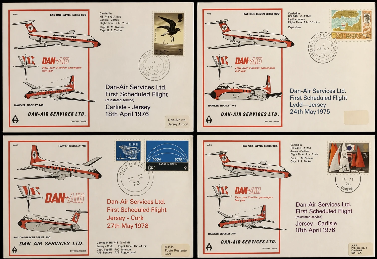 Four straightened Dan-Air first scheduled flight covers, including Lydd to Jersey and Jersey to Carlisle