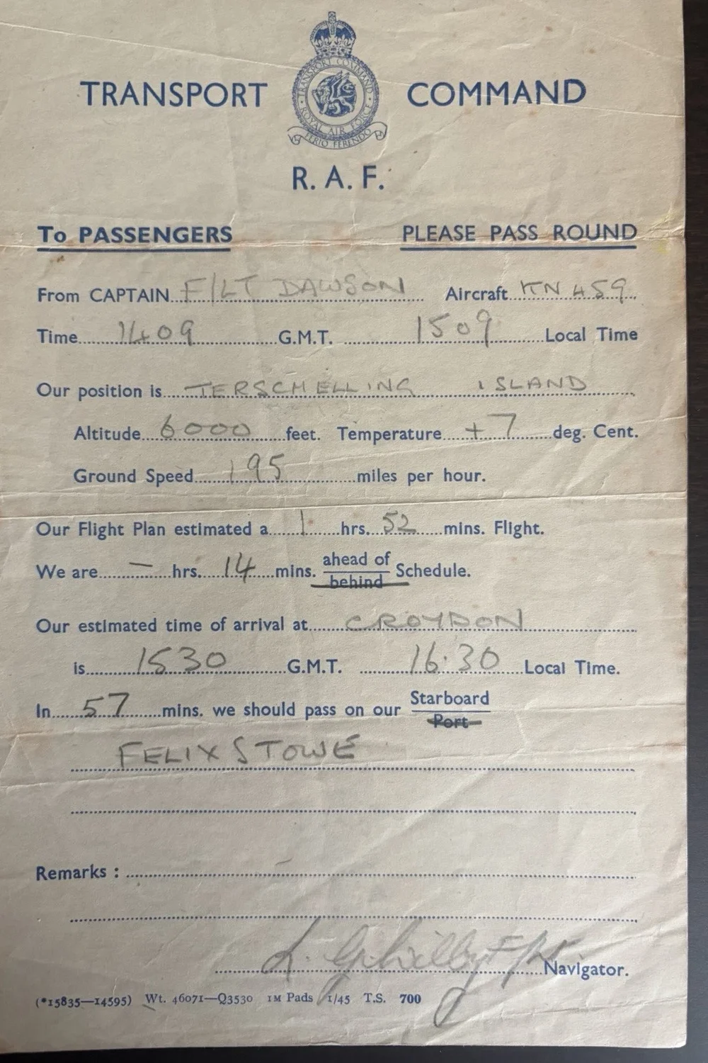 Handwritten RAF Transport Command flight note for Dakota KN459, recording Terschelling Island, altitude, ground speed and Croydon arrival