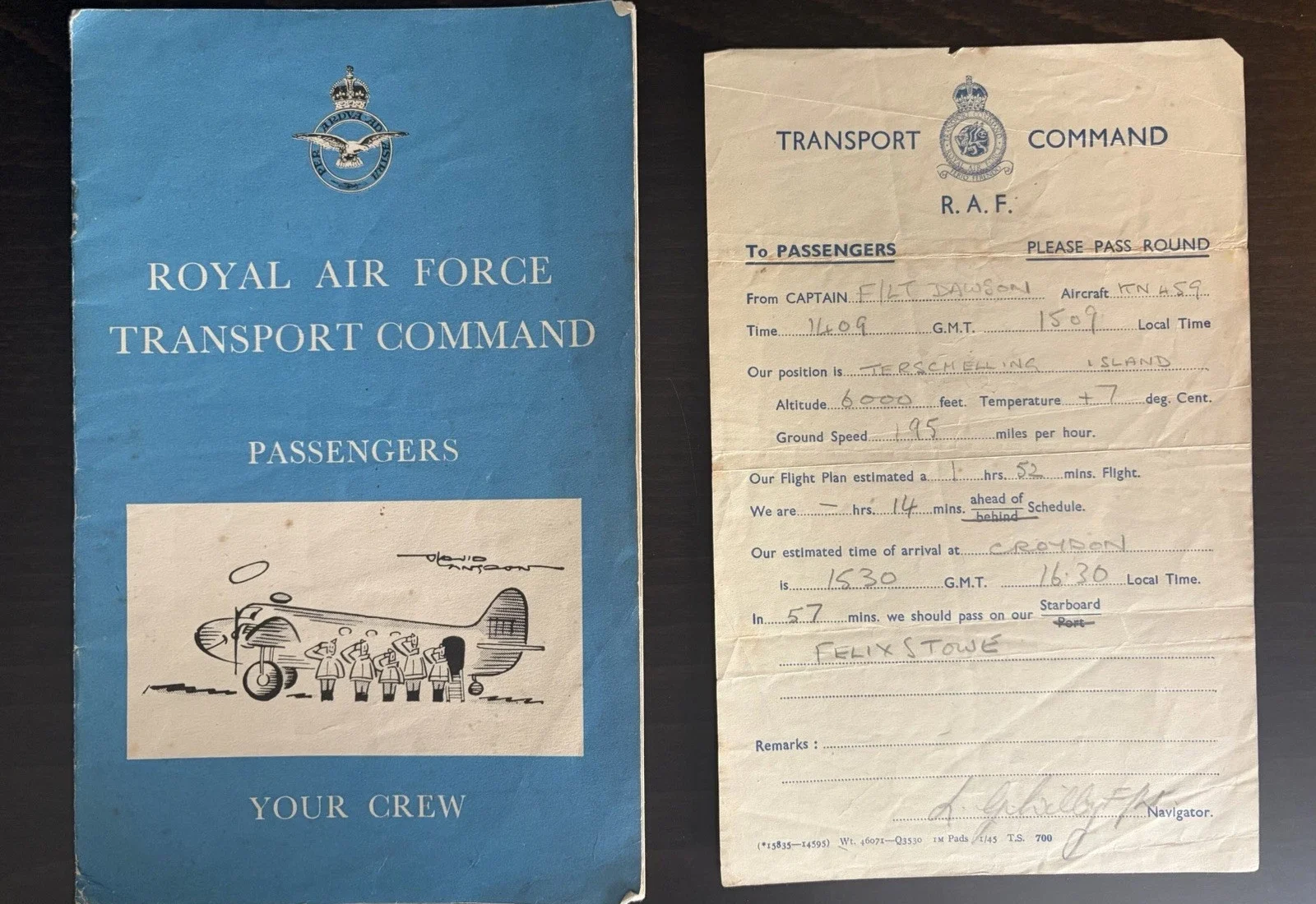 RAF Transport Command passenger booklet next to a handwritten Dakota flight note