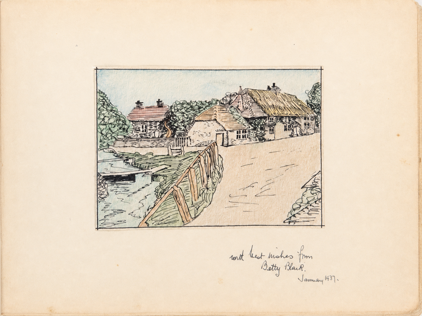 Album page with a small coloured drawing of a cottage beside a curving road, signed Betty Black and dated January 1937.