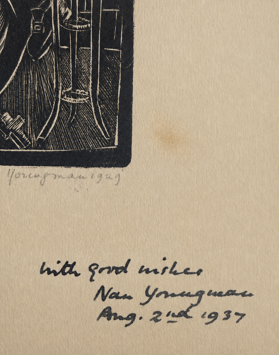 Close view of the lower edge of a black print and the handwritten inscription with good wishes, Nan Youngman, Aug. 2nd 1937.