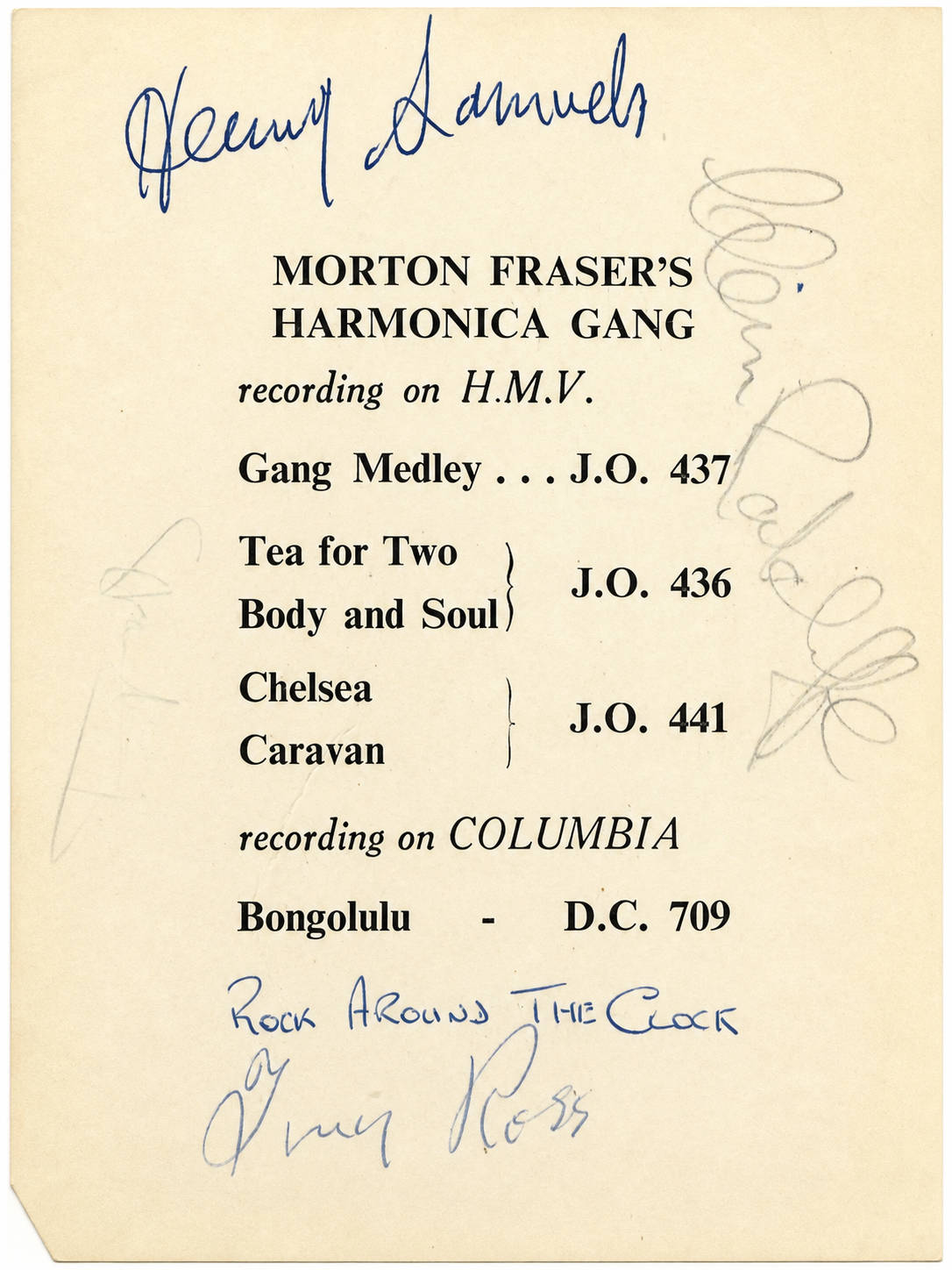 Printed Morton Fraser’s Harmonica Gang recording card listing H.M.V. and Columbia record titles, with several handwritten signatures in blue and pencil.