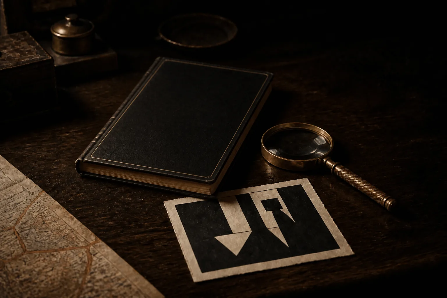 An original editorial still life of an unmarked black leather-bound book with fine gold tooling, a magnifying glass and an abstract print on a dark wooden table