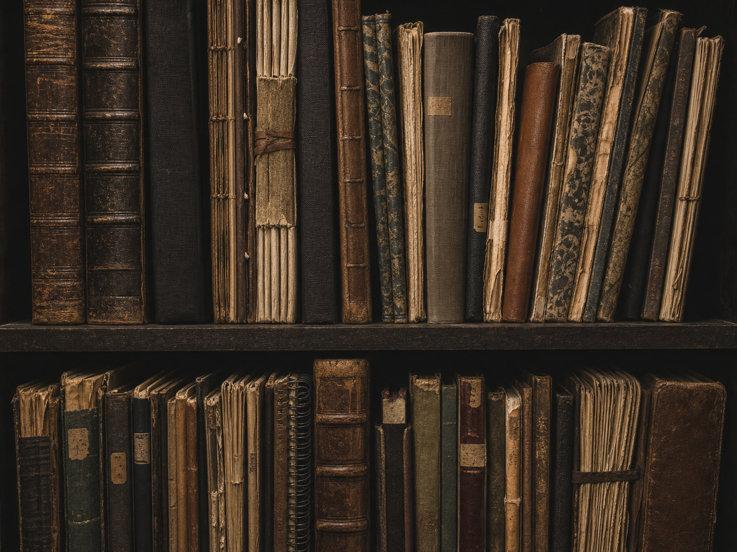 Two shelves filled with worn journals, notebooks and hand-bound periodicals in muted leather and cloth bindings