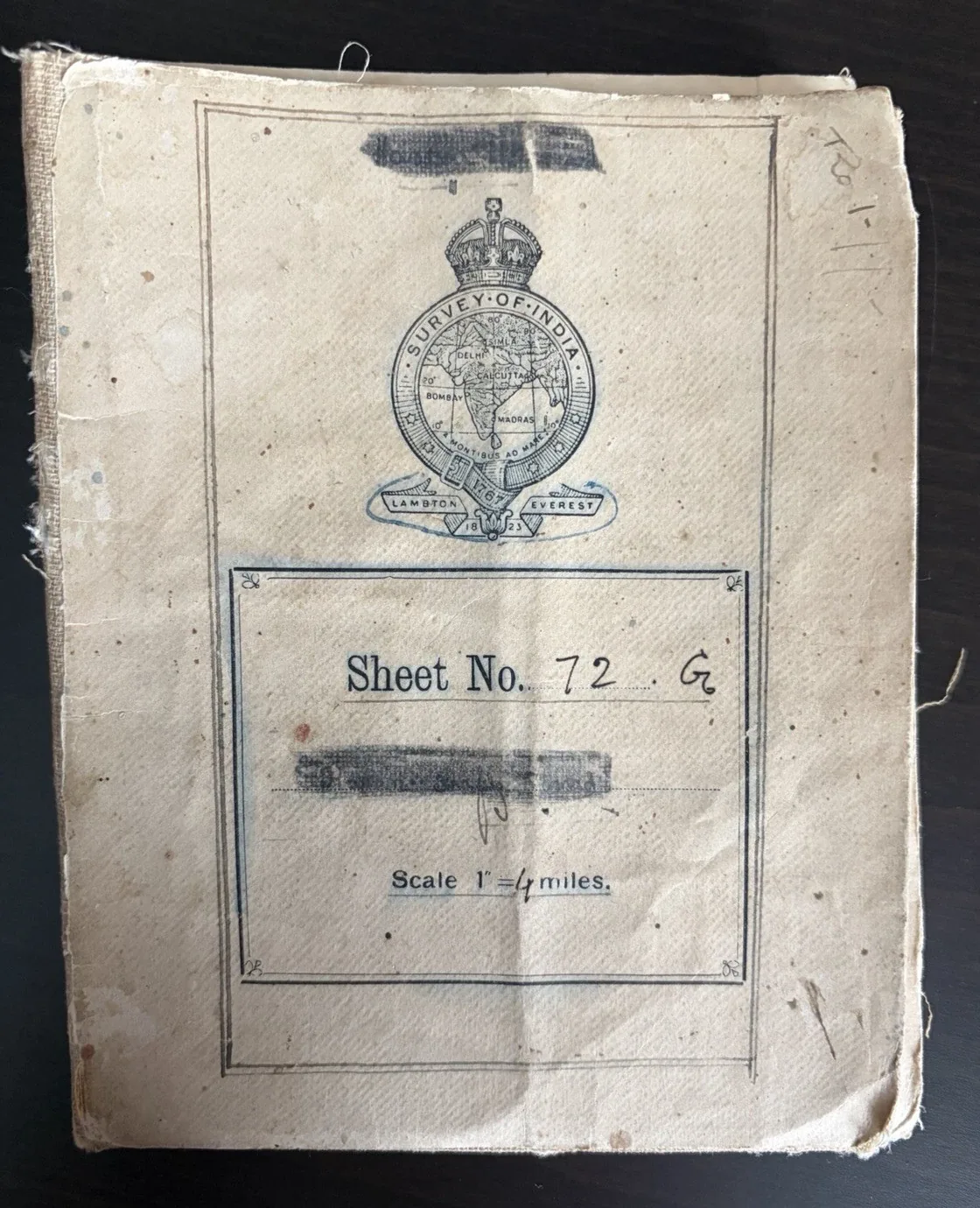 Centrally cropped photograph of the folded Survey of India map cover, marked Sheet No. 72 G