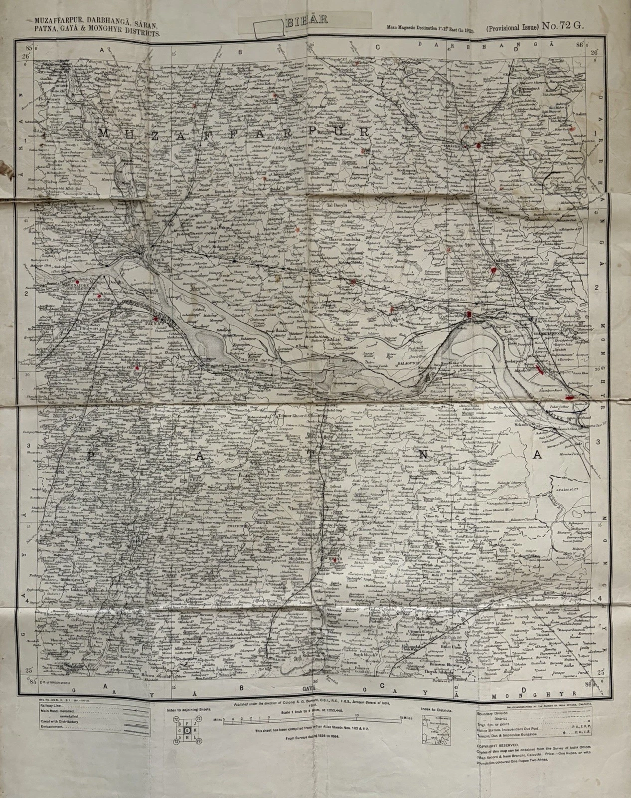 Original full view of a linen-backed Survey of India map of Bihar, sheet 72 G
