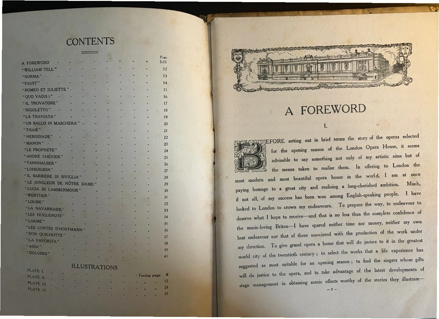 Contents and foreword of Grand Opera Stories, showing its list of operas and opening explanation