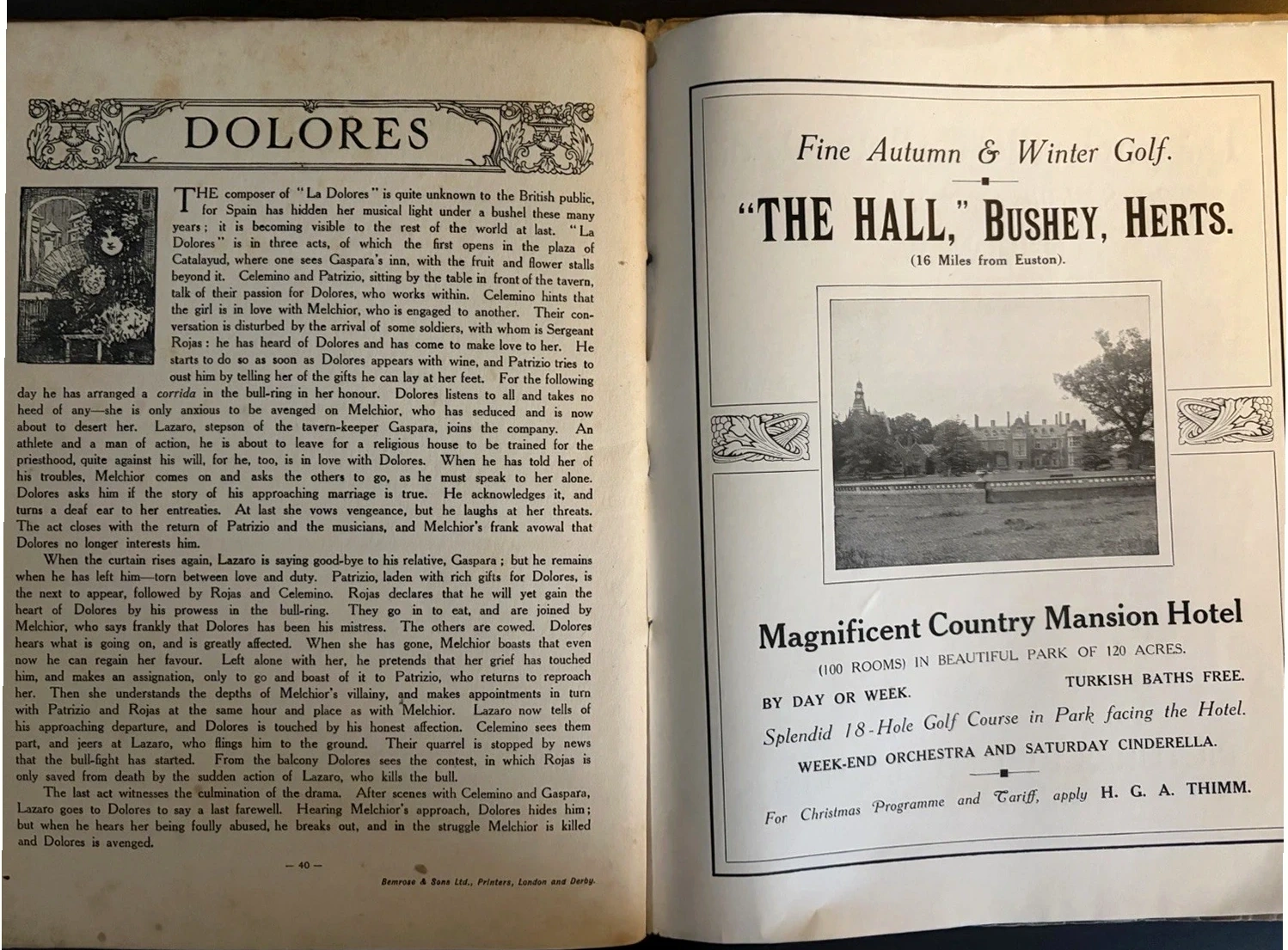 An opera summary beside a period hotel advertisement in Grand Opera Stories