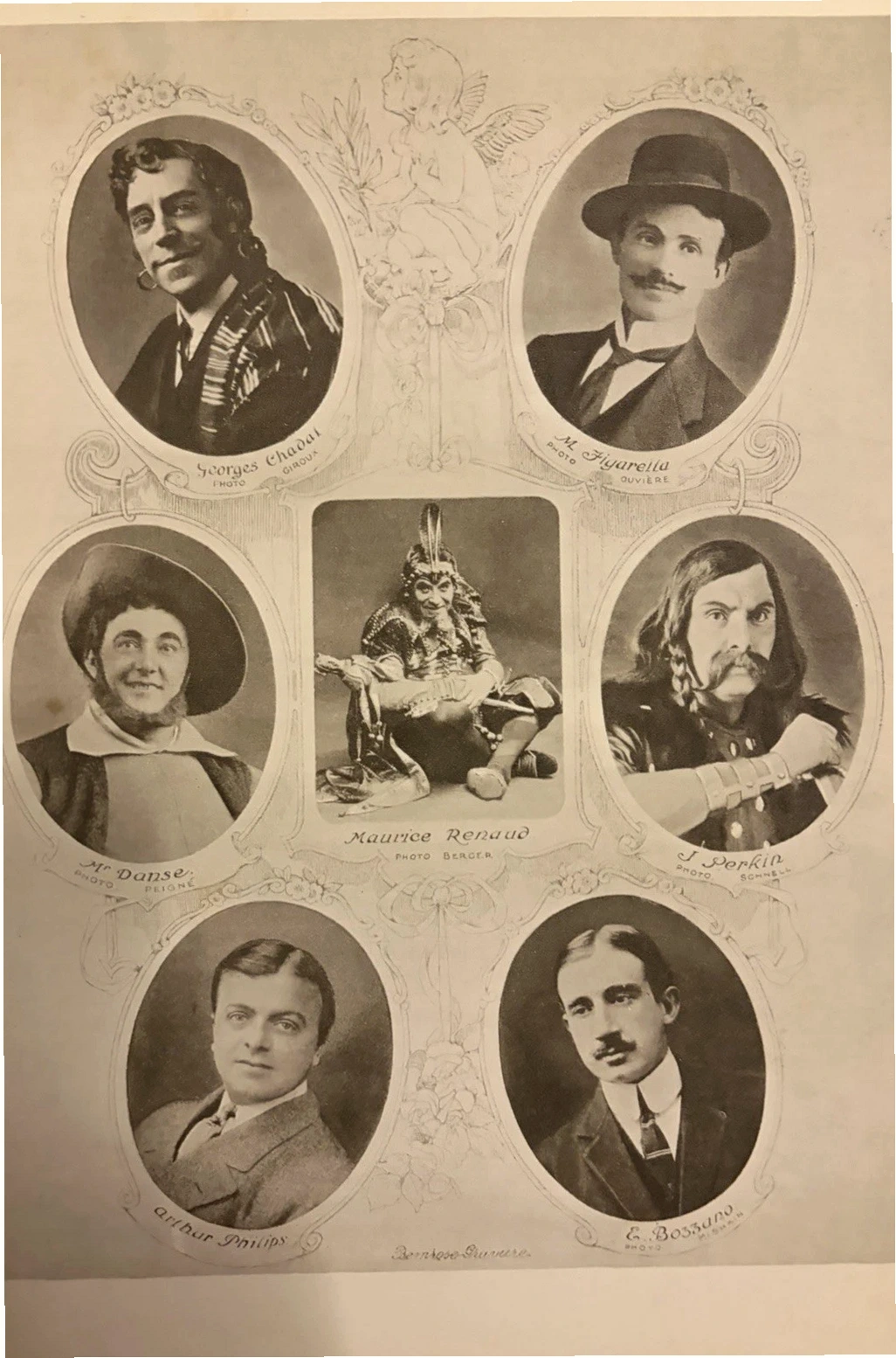Full-page photographic portrait plate from Grand Opera Stories, with singers arranged around a central image