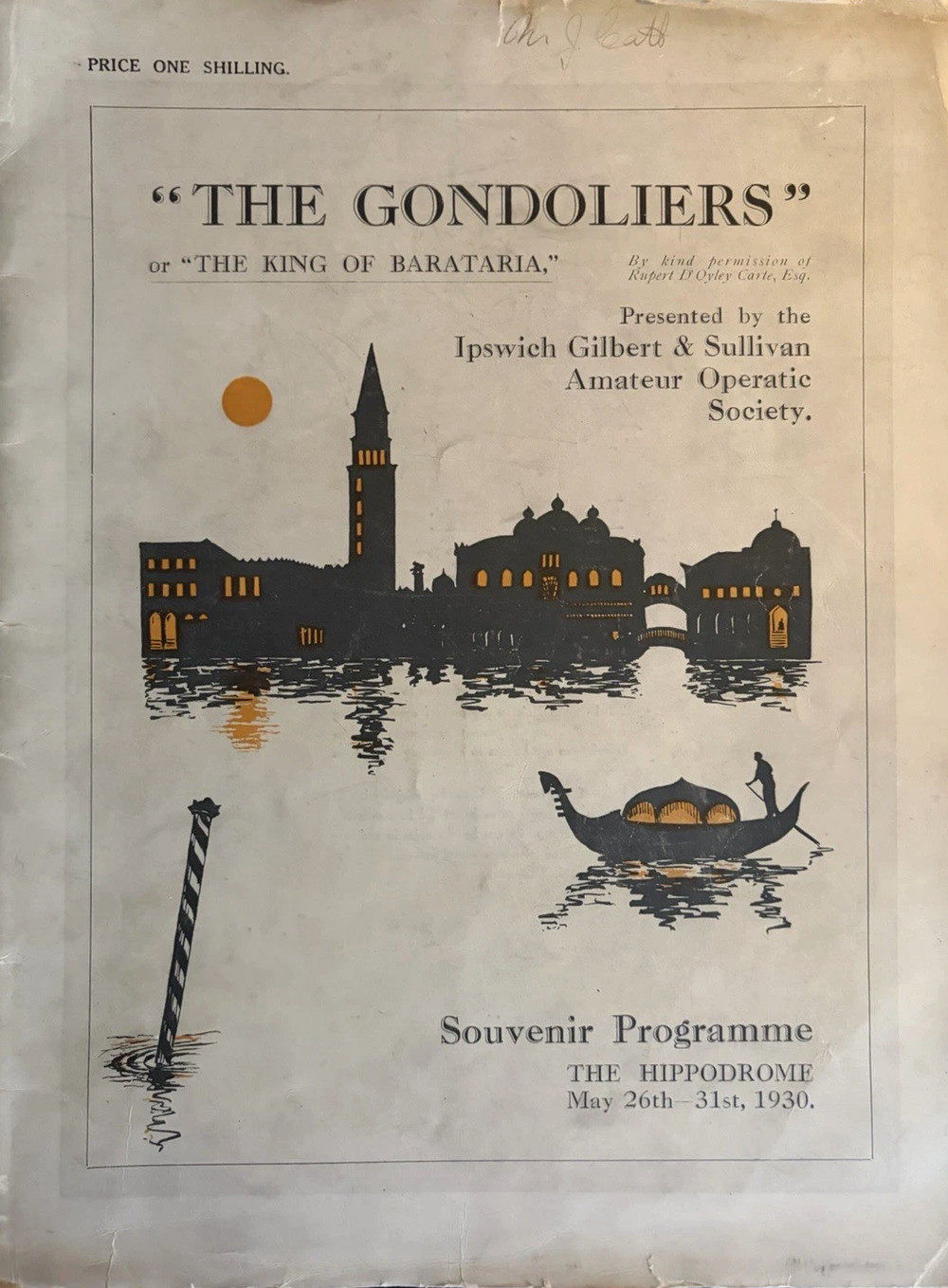 Cover of the 1930 Ipswich Hippodrome souvenir programme for The Gondoliers