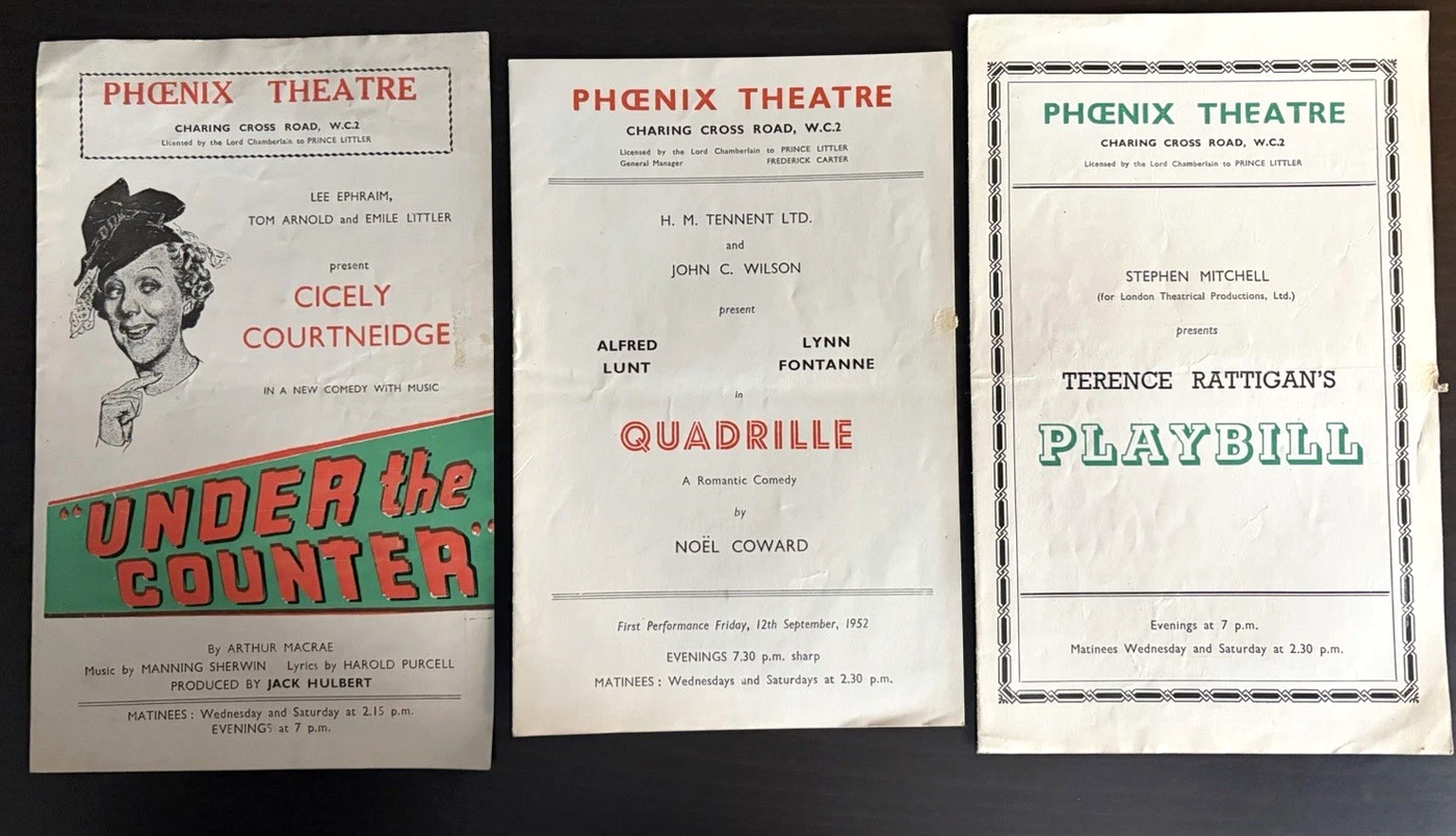 Three original Phoenix Theatre programmes from London, arranged side by side
