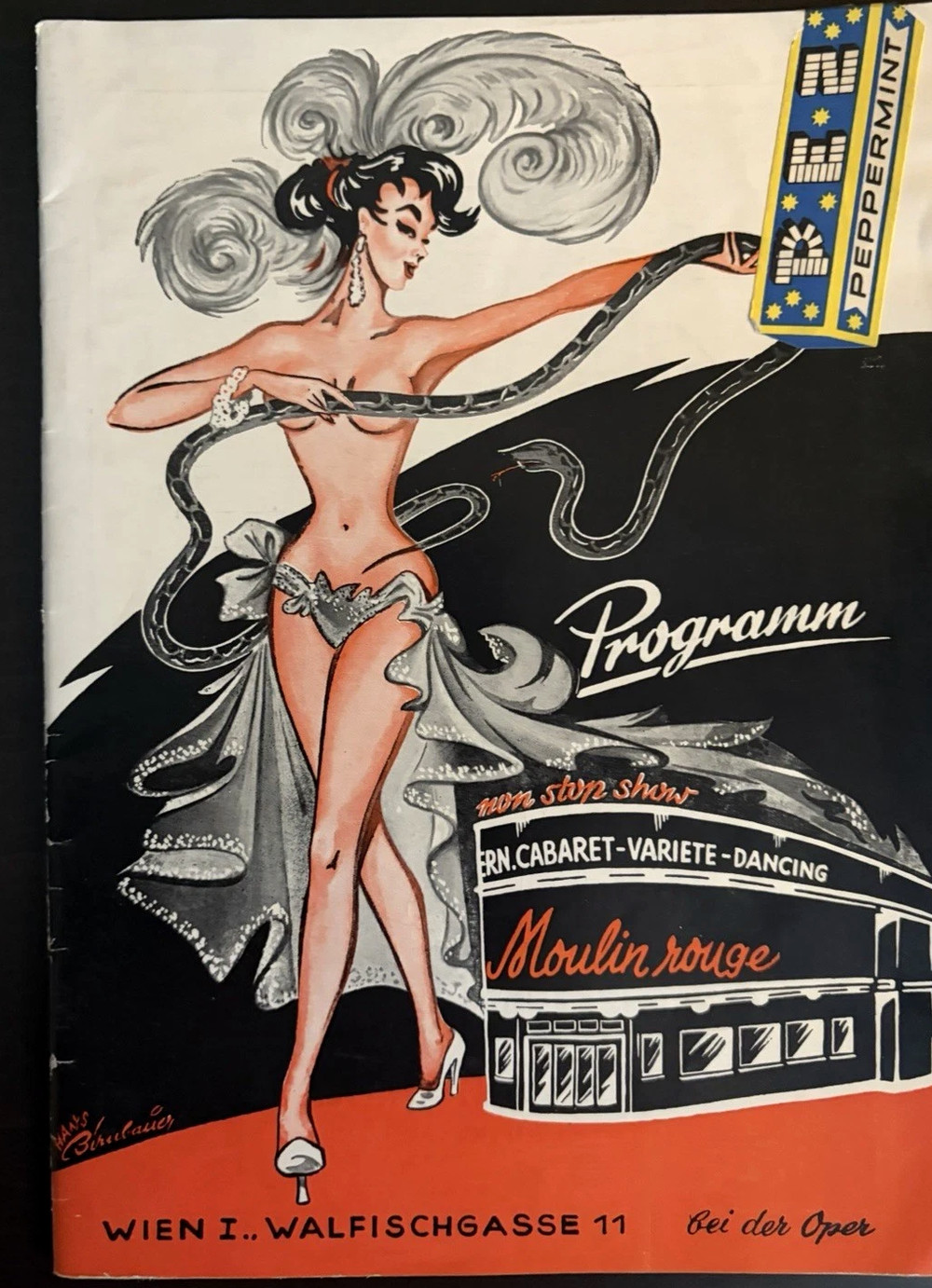 Illustrated cover of a Vienna Moulin Rouge cabaret programme, with a dancer, serpent and the PEZ Permint advertisement