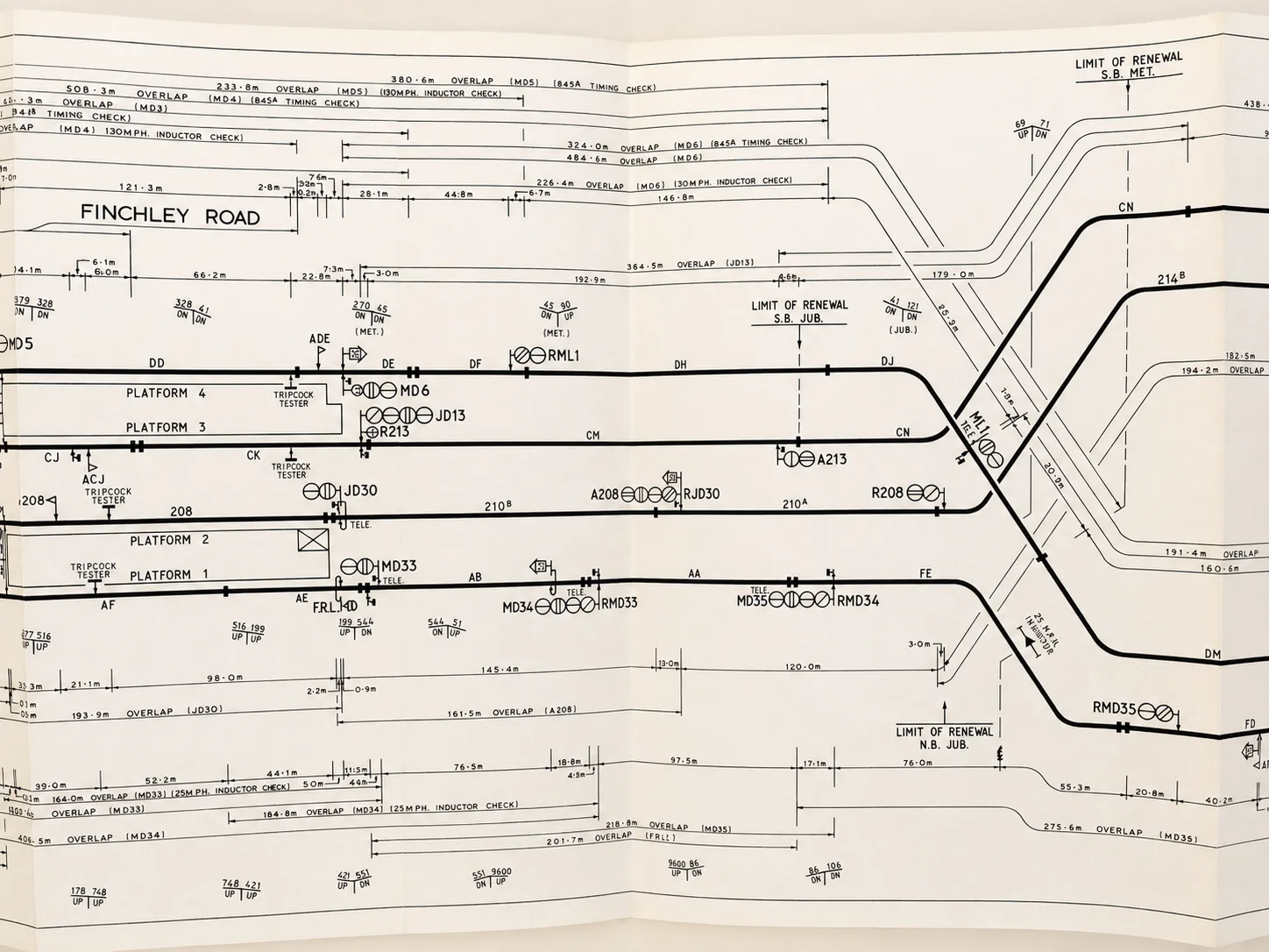 Original London Underground signalling diagram detail showing Finchley Road, platforms, track junctions and signals