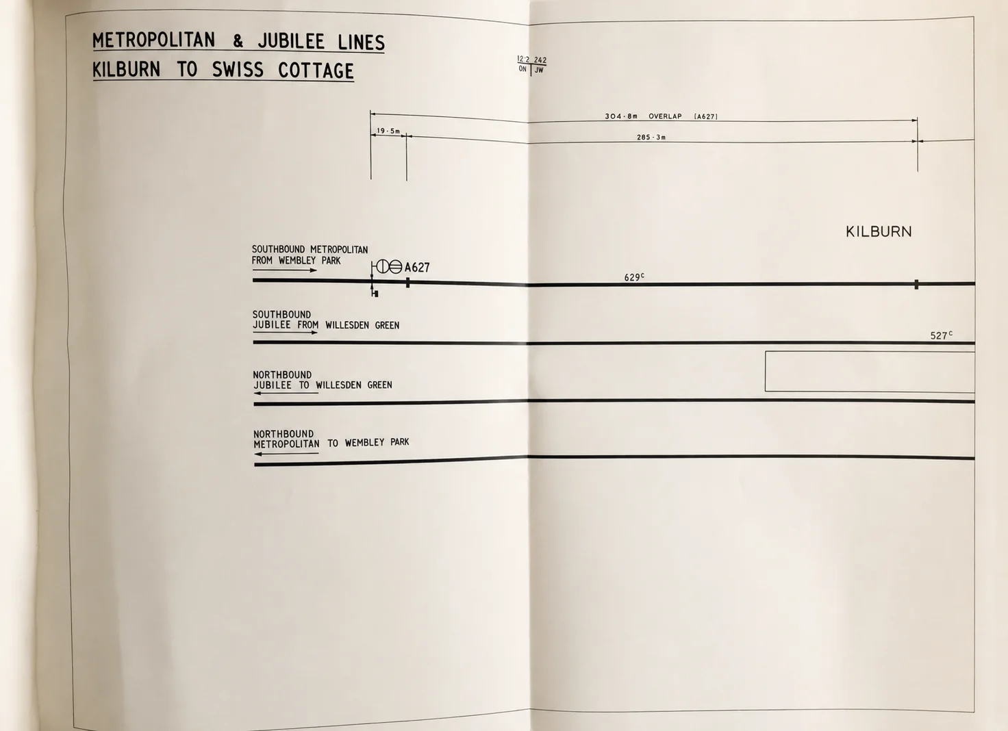Original London Underground signalling diagram headed Metropolitan and Jubilee Lines, Kilburn to Swiss Cottage