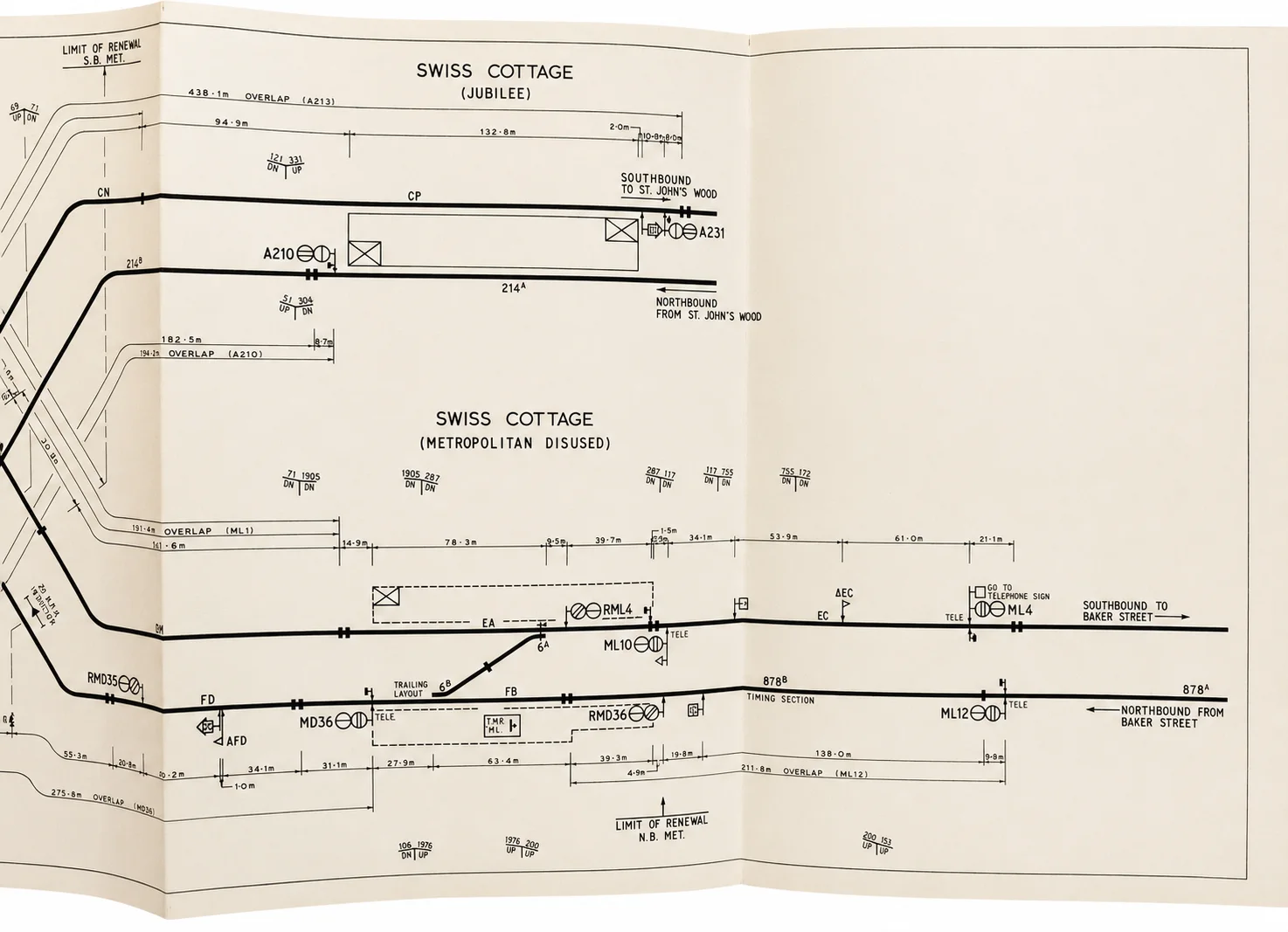 Original London Underground signalling diagram showing the Swiss Cottage area, track lines and route labels