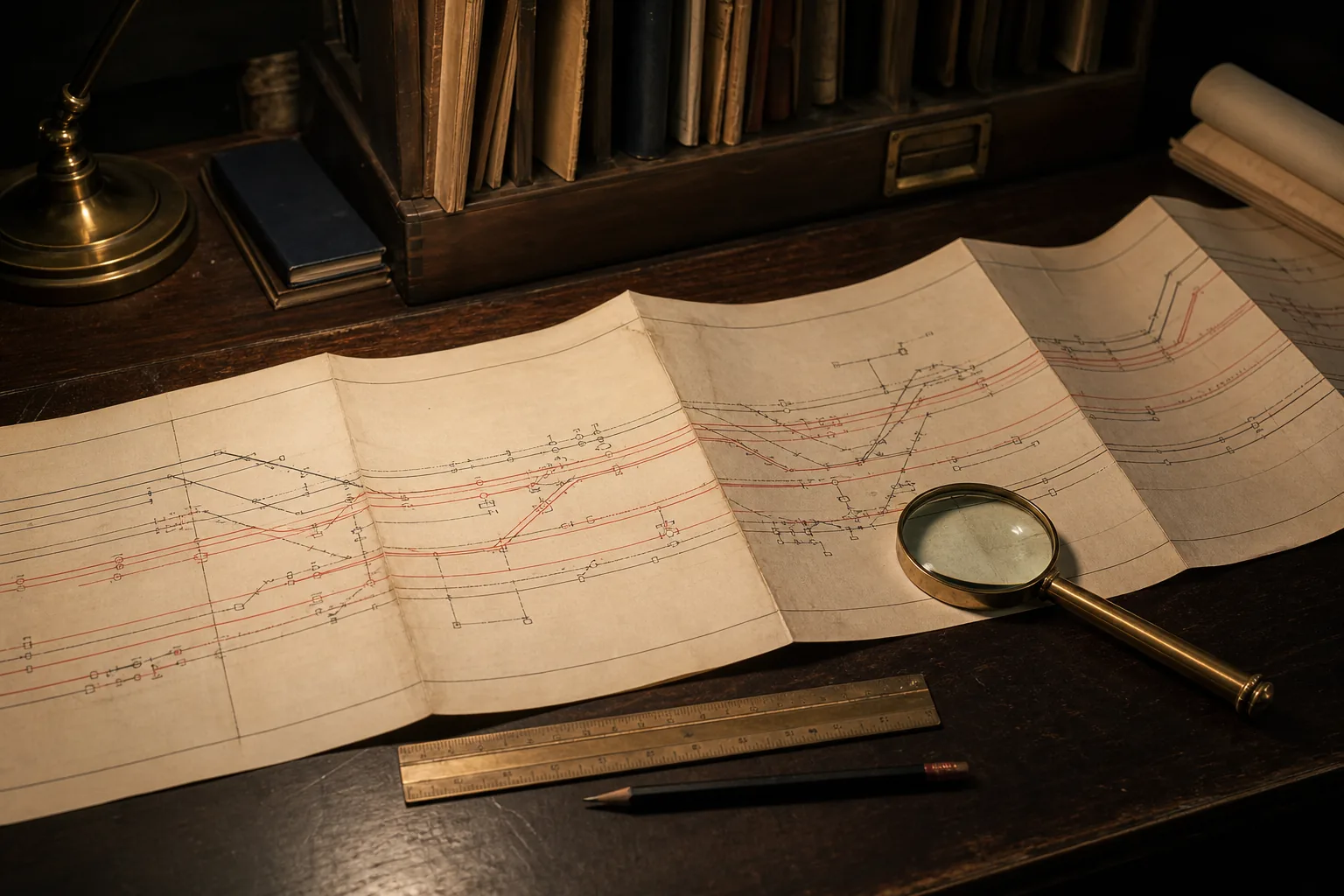 An original editorial still life of a folded railway signalling diagram on a dark desk, with a brass magnifying glass, ruler and pencil