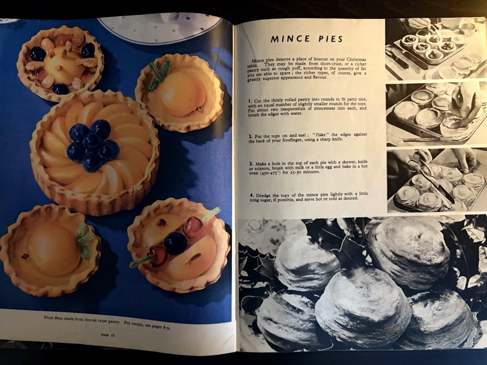 Good Housekeeping spread showing decorated fruit flans beside a mince-pie recipe and step-by-step photographs