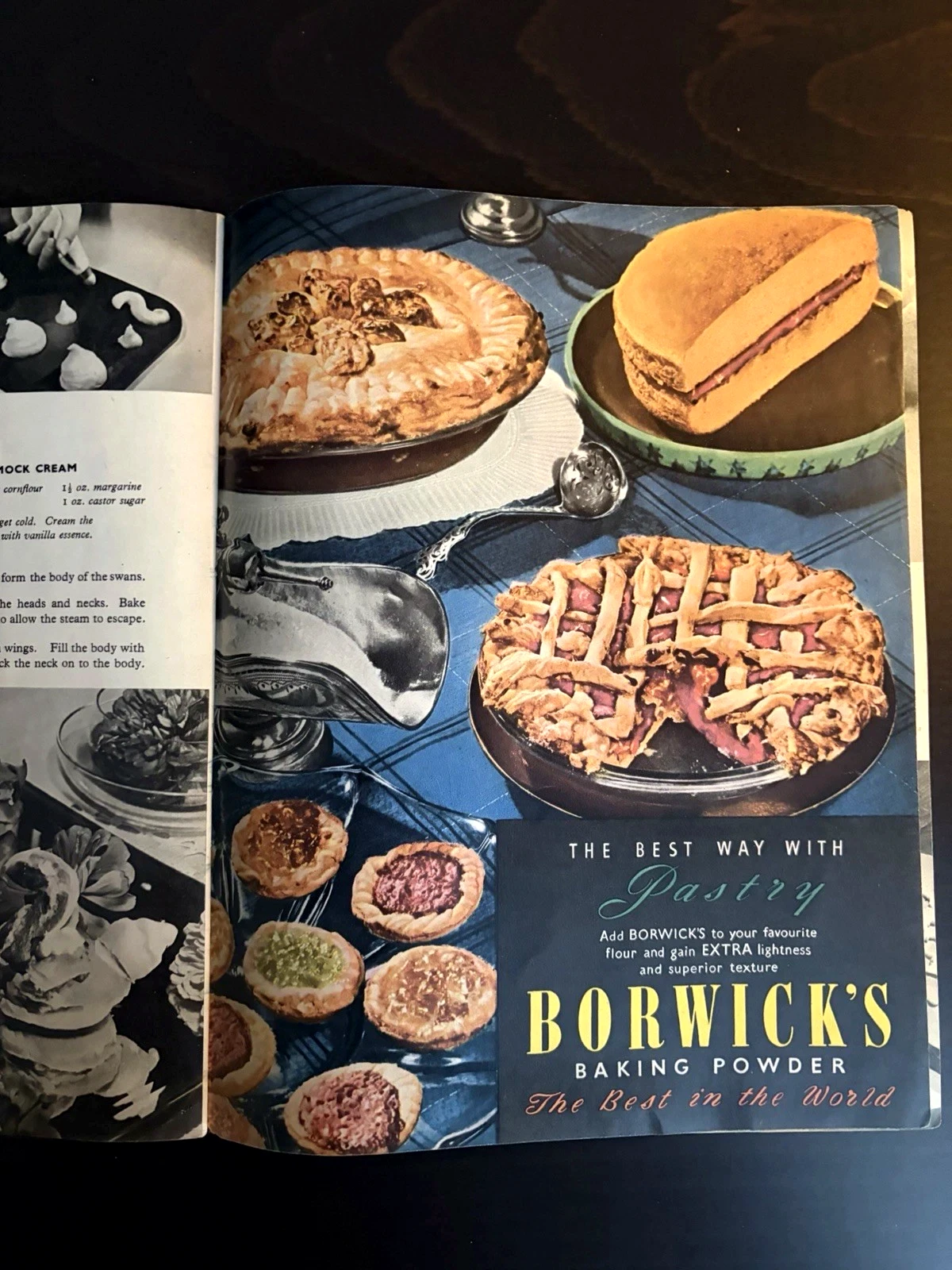 Colour and monochrome pastry photographs beside a page of baking instructions and a Borwick's baking powder advertisement