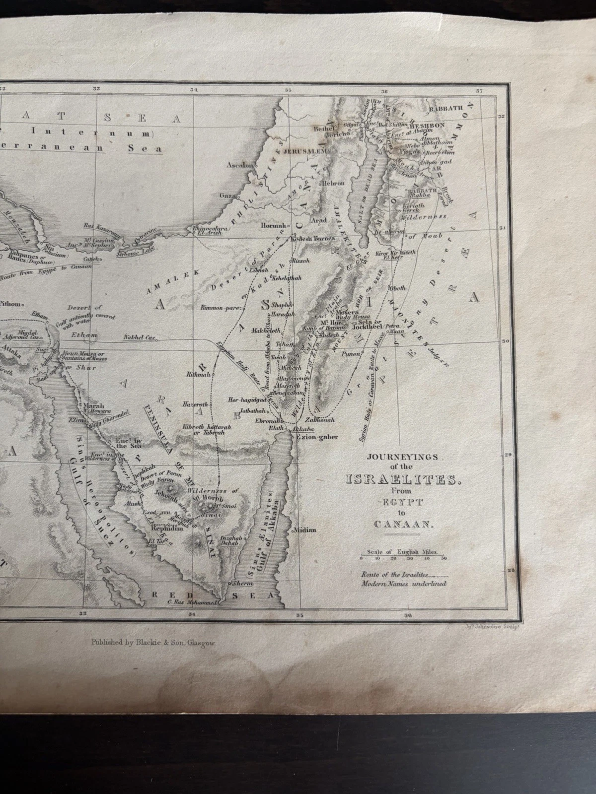 Eastern half of an engraved biblical map showing Sinai, Jerusalem, Canaan and the route of the Israelites