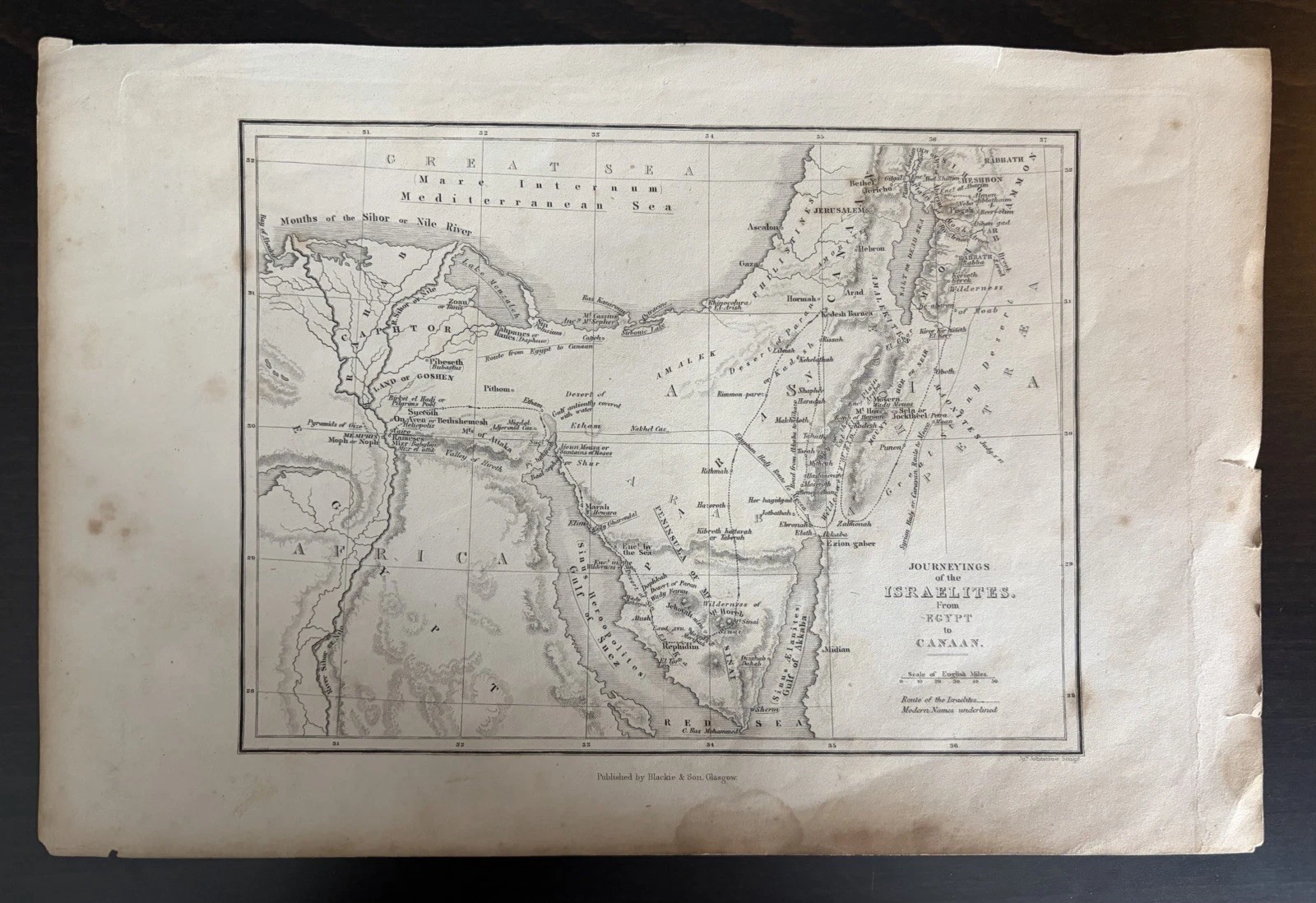 Complete engraved map showing the journey from Egypt through Sinai to Canaan, with the Mediterranean and Red Sea visible